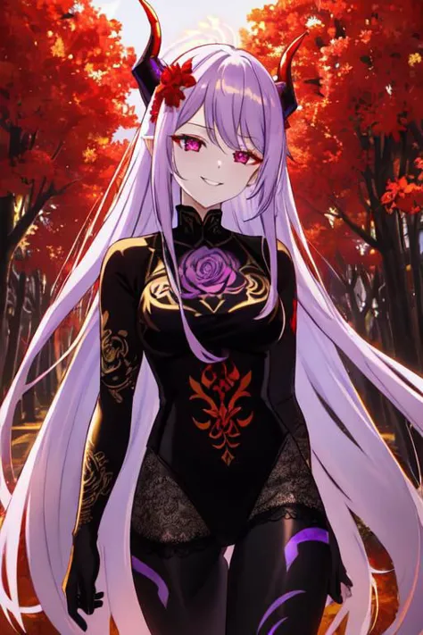 high quality. masterpiece, 8k, street, tree, road, tree canopy, upper body, face focus, 1girl, arrogant, mei, horns, long hair, (purple eyes:1.1), purple Amethyst hair, evil smile, big grin, golden red copper sliver tattoo black leggings, Amethyst laced glow tattoo black bodystockings, lace fractal red and golden glow enhanced skeleton Amethyst black tattoo bodysuit, red flower tattoo, long glow hair, glow golden earrings, red eyes, white face, tattoo mark mask tattoo, arrogant, she is standing, sunlit, weak lights and shadow, tree canopy, street, red flowers, evergreen, face focus,