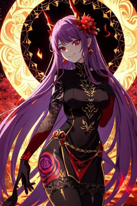 high quality. masterpiece, 8k, street, tree, road, tree canopy, upper body, face focus, 1girl, arrogant, mei, horns, long hair, (purple eyes:1.1), purple Amethyst hair, evil smile, big grin, golden red copper sliver tattoo black leggings, Amethyst laced glow tattoo black bodystockings, lace fractal red and golden glow enhanced skeleton Amethyst black tattoo bodysuit, red flower tattoo, long glow hair, glow golden earrings, red eyes, white face, tattoo mark mask tattoo, arrogant, she is standing, sunlit, weak lights and shadow, tree canopy, street, red flowers, evergreen, face focus,