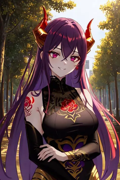 a woman with long purple hair and horns standing in a park