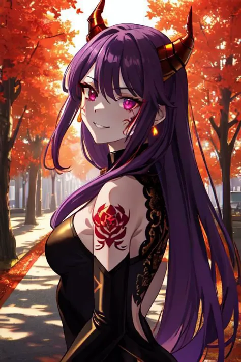 a woman with long purple hair and horns standing in a park