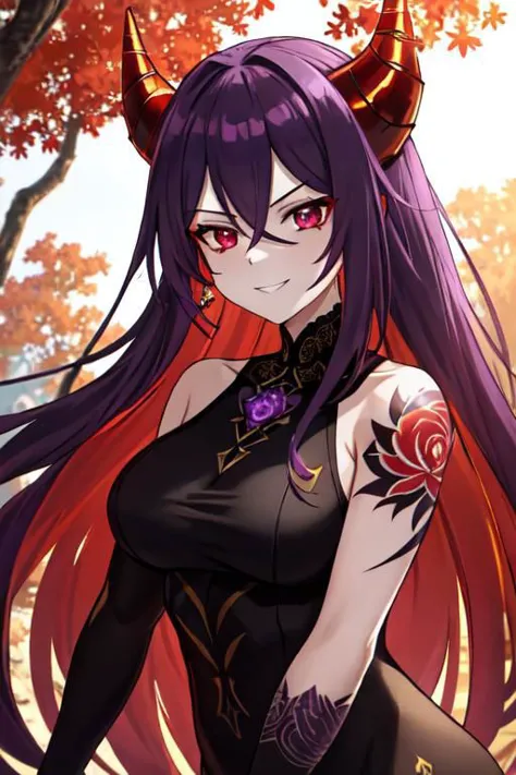 a woman with long purple hair and horns is standing in front of a tree