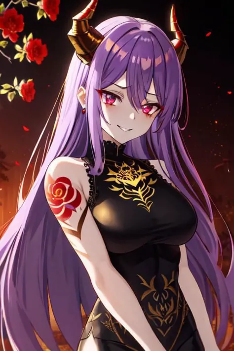 a woman with long purple hair and horns standing in front of a rose