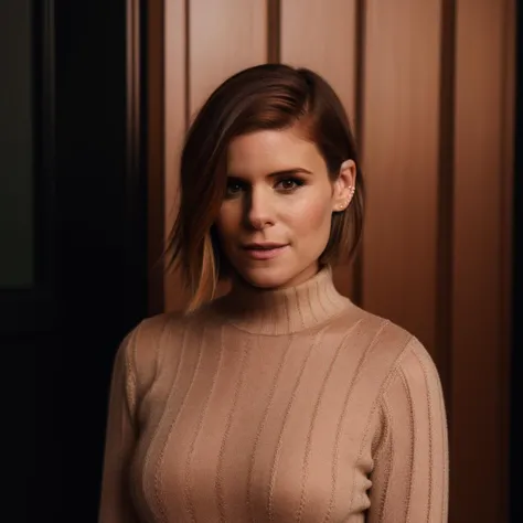 a woman in a turtle neck sweater standing in front of a wooden door