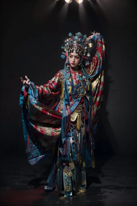 body, (angry:1), closed mouth, lipstick, (looking away:1.5), hand up, arms up, balck background, background, closed mouth, pointing , stage lights, 
(masterpiece), long fingers, slim_hand, slim_fingers,
(detailed), (semi-realistic), (traditional Chinese dance costume:1.2), (Ekiholic inspired:1.3), (expressive facial features:1.2), (elegant dance movement:1.1), (opera:1.2), (traditional music instruments:1.1), (flowing sleeves:1.2) ,depth of field,
<lora:add_detail:0.6> <lora:LowRA:0.3>