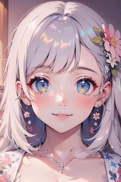 anime girl with blue eyes and white hair with flowers in her hair