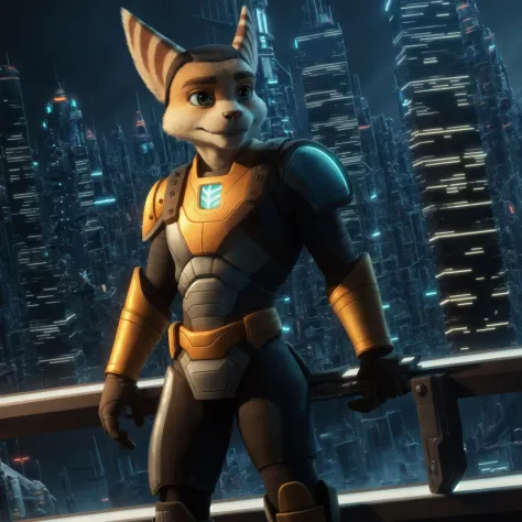 photorealistic, ratchet, adult, male, anthro, full body, in sci-fi city with skyscrapers at night, (wearing scifi armor:1.2), holding wrench
BREAK
anatomically correct,  detailed face, 1person
BREAK
photorealistic, detailed, realistic, sharp details, octan...