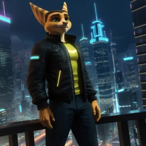 photorealistic, ratchet, adult, male, anthro, full body, in sci-fi futuristic city with skyscrapers at night, in jacket
BREAK
anatomically correct,  detailed face, 1person
BREAK
photorealistic, detailed, realistic, sharp details, octane render, smooth, stu...