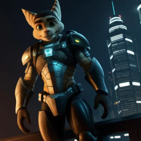 photorealistic, ratchet, adult, male, anthro, full body, in sci-fi futuristic city with skyscrapers at night, (wearing scifi armor:1.2), holding wrench
BREAK
anatomically correct,  detailed face, 1person
BREAK
photorealistic, detailed, realistic, sharp det...