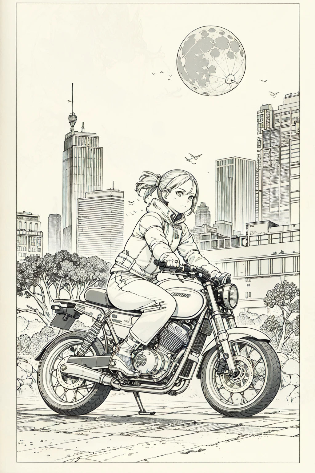 最高品質, 傑作, 写真, 4K, 写真realistic, 非常に詳細な,
バイクに乗る女の子1人, テックウェア, サイバーパンクシティ, 一人で, 未来的な, 背景の巨大な月, 白黒, 鳥山明, 閉じる,
