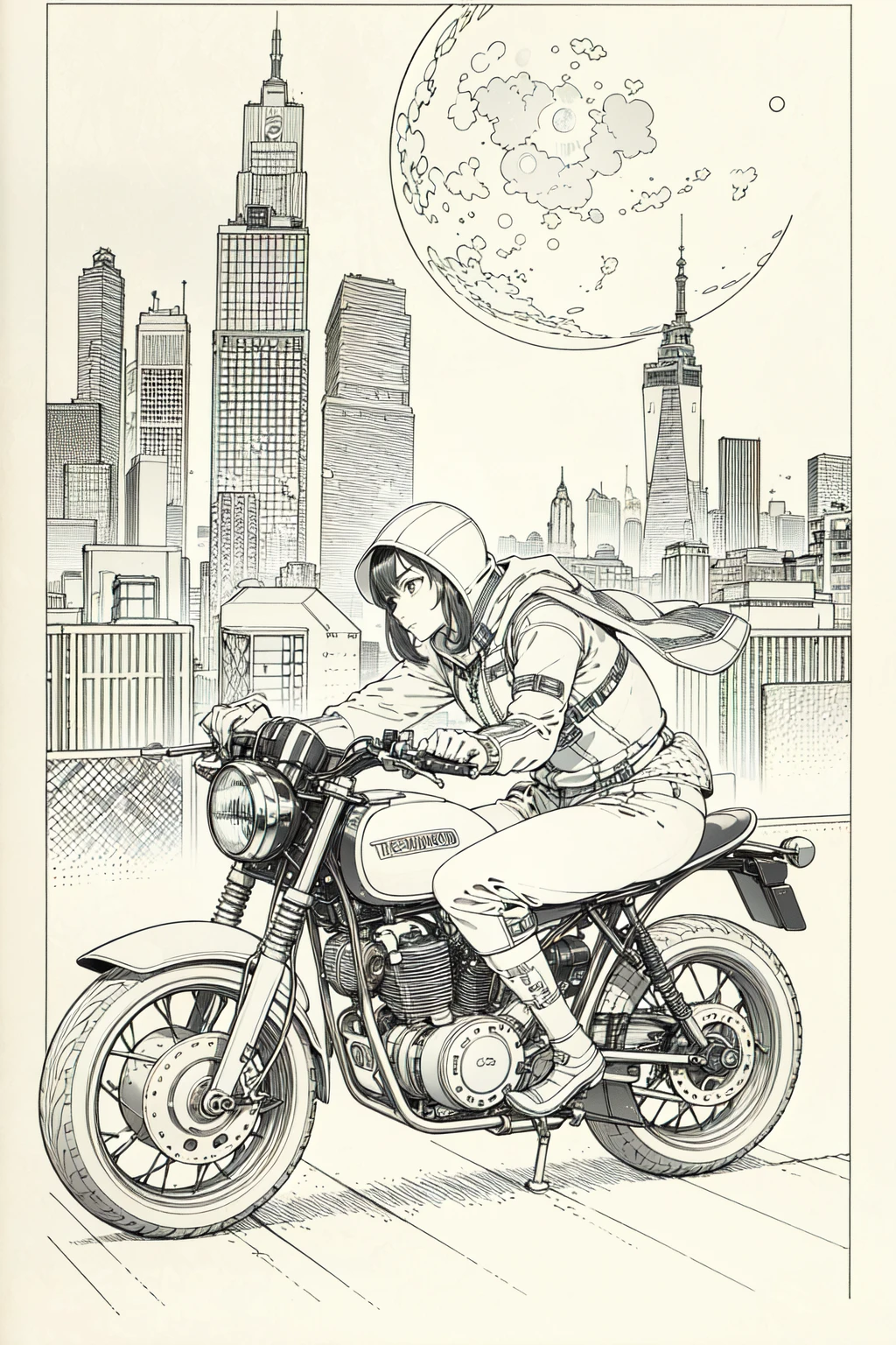meilleure qualité, chef-d&#39;œuvre, photo, 4K, photoréaliste, très détaillé,
1 fille faisant de la moto, vêtements techniques, ville cyberpunk, seulement, Futuriste, énorme lune en arrière-plan, noir et blanc, par Akira Toriyama, fermer,
