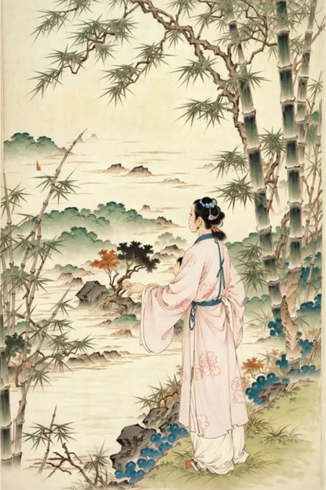 colorwater, negative space,  girl, woman, lips, (trees:0.5), (flowers:0.6) ,(birds:0.2), (bamboo0.1), lakes, Hangzhou,