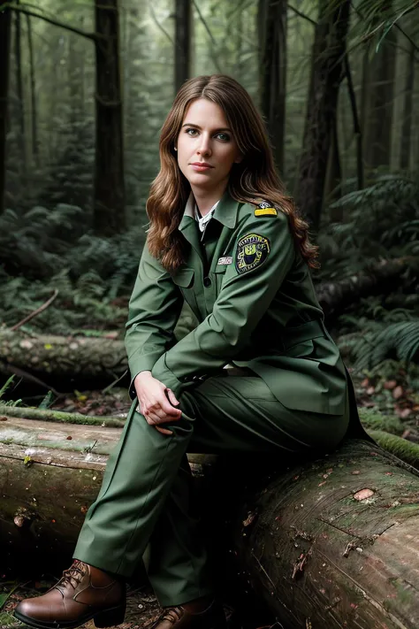 a professional photograph of beautiful 24 year old (T4b1th4:1.1) woman,as a forest ranger,wearing a (fern green) ranger uniform,(holding a raccoon:1.3),(sitting on a fallen tree log:1.2),along a hiking trail,in a pine forest,(deer walking behind:1.1),(light streaking through the trees:1.2),babbling brook cascading by,long hair,nature magazine photoshoot,sharp focus,detailed eyes,(highly detailed),(HDR),(8k wallpaper),intricately detailed,high contrast,highres,absurdres,hyper realistic,8K UHD DSLR,Fujifilm XT3,taken with (Canon EOS 1Ds camera),extremely intricate,dramatic,(looking at viewer),4k textures,elegant,hyperdetailed,PA7_Portrait-MS,<lora:T4b1th4_05A-000002:0.9>,