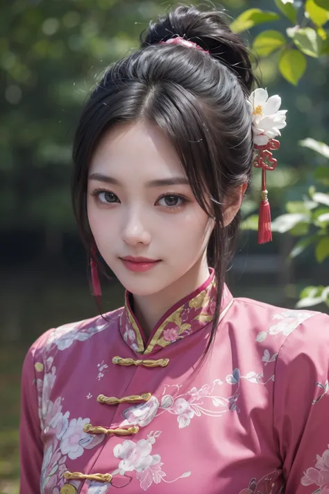 (best quality, masterpiece, 8K, ultra high res, realistic:1.3),(Beautiful and detailed face:1.2),(upper body:1.2),1girl,solo,looking at viewer,big eyes,small breasts,slim body,arms at sides,smile,(Extremely detailed pink chinese clothes:1.2),hairpin,architecture,east asian,riverside,forest,