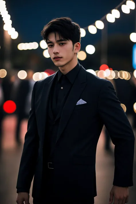 polaroid photo,night photo,photo of 18 y.o beautiful man,bokeh,black blazer,