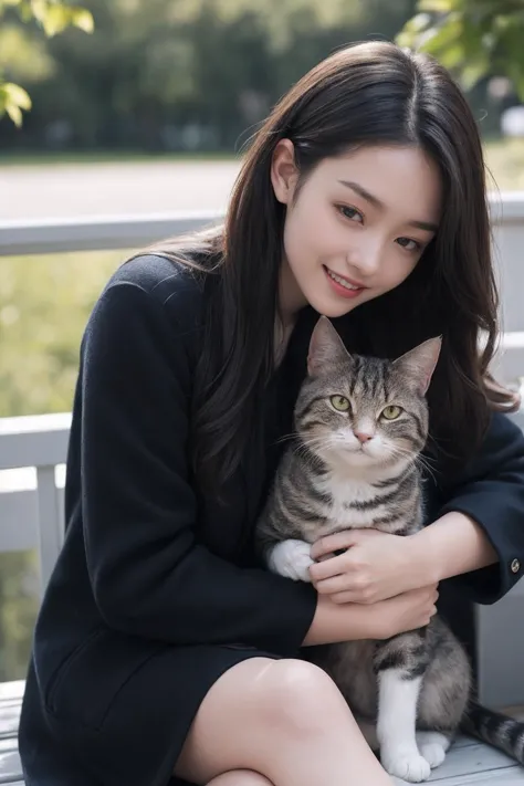 The image features a beautiful young Asian woman with long,dark hair sitting on a balcony with a cat in the background. The woma...