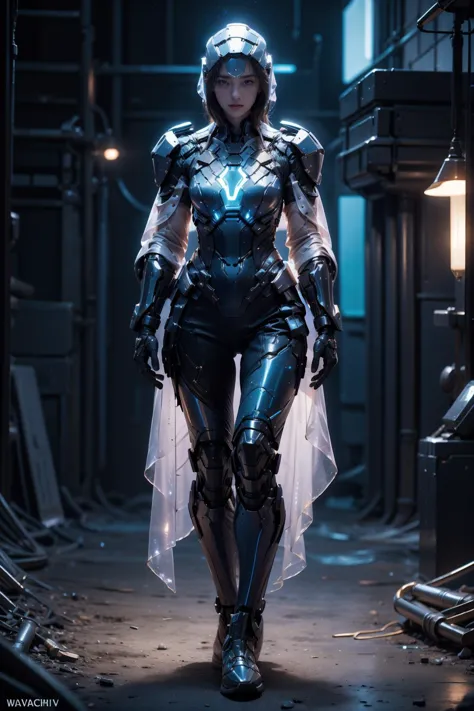 1woman,armor,blue glowing armor,full body,Glowing cloak,<lora:AgainMix_v1.4Cyber:1>,