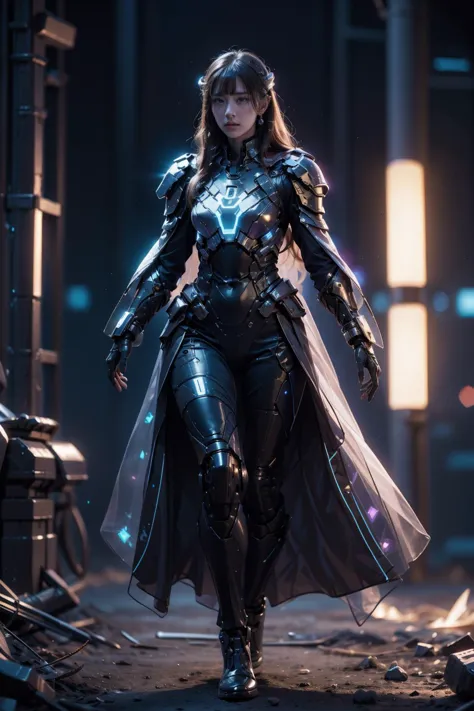 1woman,armor,blue glowing armor,full body,Glowing cloak,<lora:AgainMix_v1.4Cyber:1>,