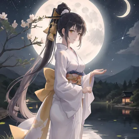 anime girl wearing white kimono and standing near a pond watching a full moon, 1girl, japanese clothes, kimono, night, solo, out...