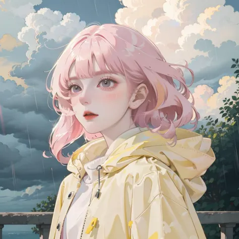 anime girl with pink hair and yellow raincoat standing in the rain