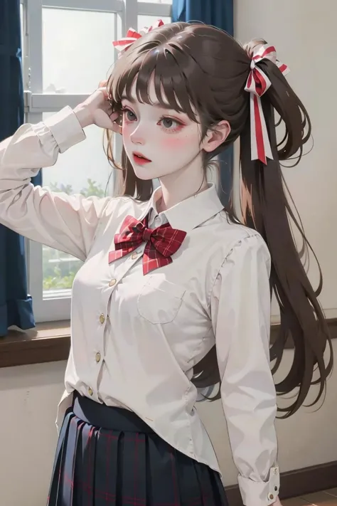 anime girl with long hair wearing a white shirt and a red bow tie