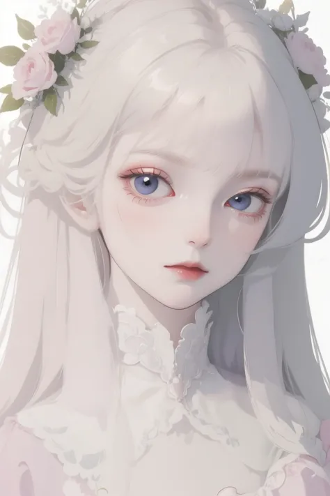 a close up of a girl with long white hair and flowers in her hair