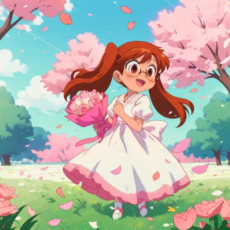 hayama nayu, cabelo longo, cabelo castanho, Olhos castanhos, twintails, copos, feliz, usando um vestido de noiva branco detalhado com babados e renda, ao ar livre, segurando um buquê de rosas cor de rosa, pétalas de flores caindo do céu, fundo da natureza, flores brancas e rosa espalhadas em um campo gramado, tiro de corpo inteiro, rosas cor de rosa no cabelo 8k, obra de arte, absurdos, anime,