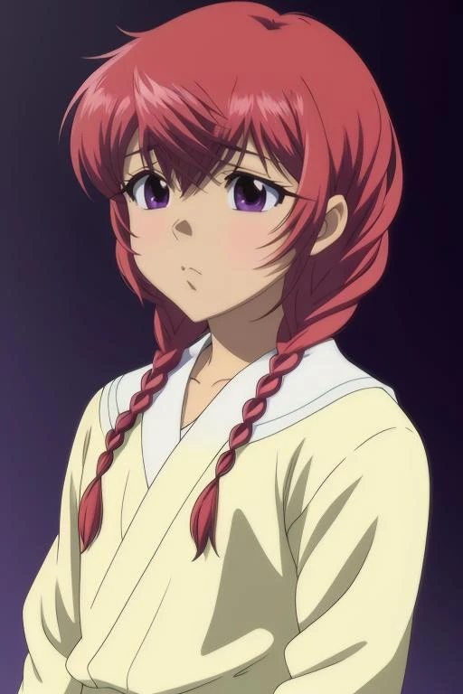 shiraishi haruka, trenzas gemelas, cabello rojo, ojos morados, parte superior del cuerpo, centrado, 8k, Obra maestra, absurdos, animado,