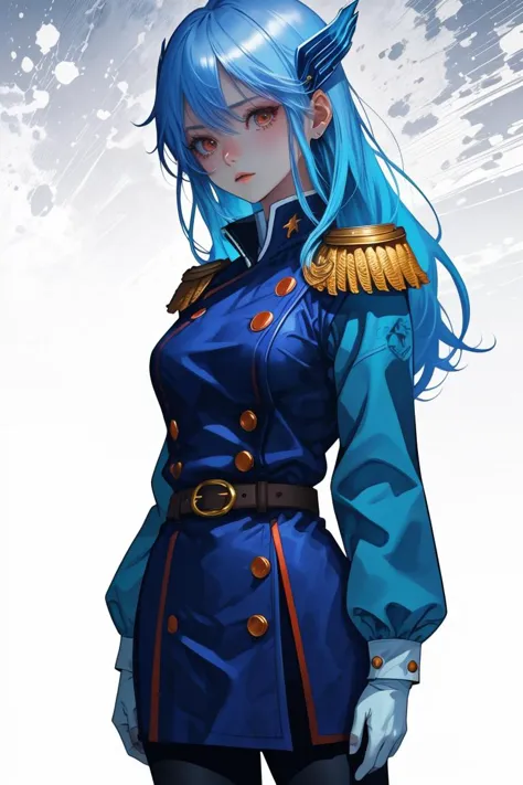 a woman with blue hair and a blue uniform is standing