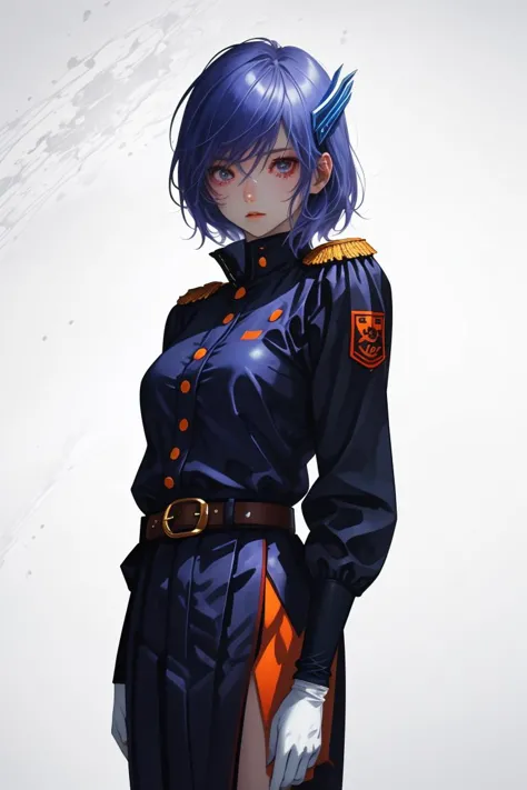 a woman in a uniform with blue hair and a sword