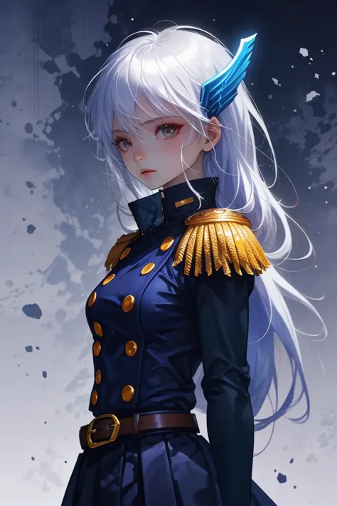 (Masculine Digital Artwork:1.3) of (Ultrarealistic:1.3) a photo of a woman, <lora:CHAR-KyoukaUzenV2:0.8> KyoukaUzen, hair ornament, military uniform, white gloves, epaulettes, belt, pleated skirt, black skirt, thigh boots,CGSociety,ArtStation,(Blue hue:1.3),(close portrait:1.3),(Feminine:1.4),(beautiful:1.4),(attractive:1.3),handsome,calendar pose,perfectly detailed eyes,studio lighting,thematic background, <lora:LCM_LoRA_Weights_SD15:1>