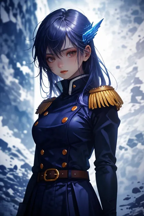 a woman in a blue uniform with a blue feather on her head