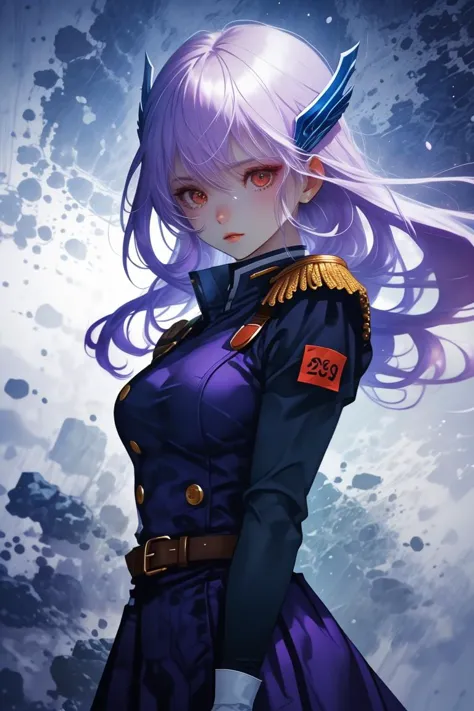 (Sophisticated Vector image:1.3) of (Detailed illustration:1.3) a photo of a woman, <lora:CHAR-KyoukaUzenV2:0.8> KyoukaUzen, hair ornament, military uniform, white gloves, epaulettes, belt, pleated skirt, black skirt, thigh boots,(Flat style:1.3),Illustration,Behance,(Purple hue:1.3),(close portrait:1.3),(Feminine:1.4),(beautiful:1.4),(attractive:1.3),handsome,calendar pose,perfectly detailed eyes,studio lighting,thematic background, <lora:LCM_LoRA_Weights_SD15:1>