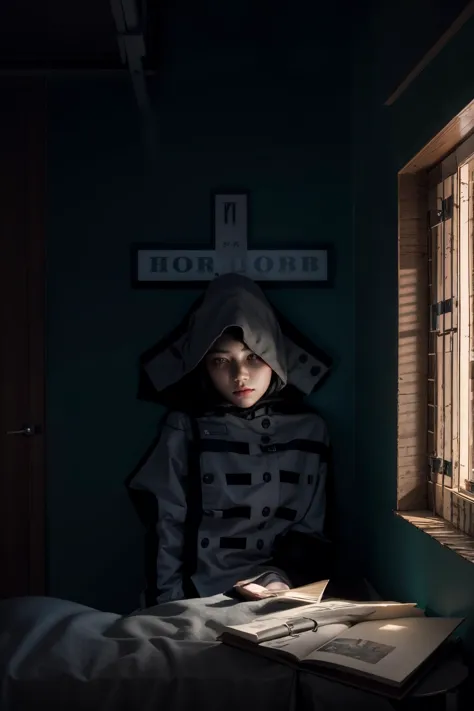 a close up of a child sitting in a bed reading a book