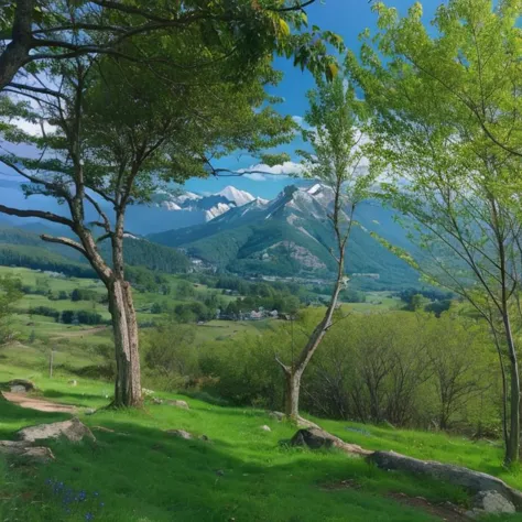 a view of a grassy field with trees and mountains in the background