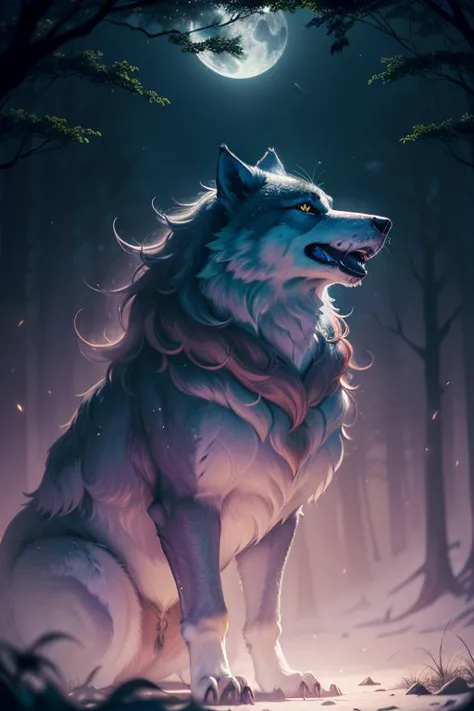 a wolf sitting in the woods with a full moon behind it