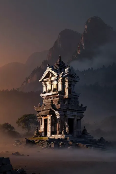 paisagem,Um monge na frente de Candijateng ao amanhecer,épico,fog,Pedra do Templo,ornament,ornamentado,detalhes,floresta,Montanha,advntr,