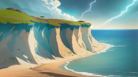 painting of a cliff with a beach and a body of water