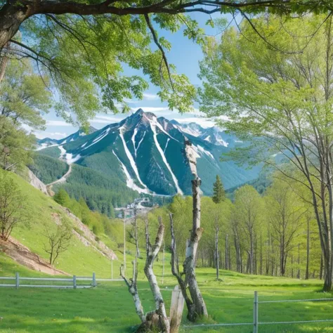 there is a horse that is standing in the grass near a mountain