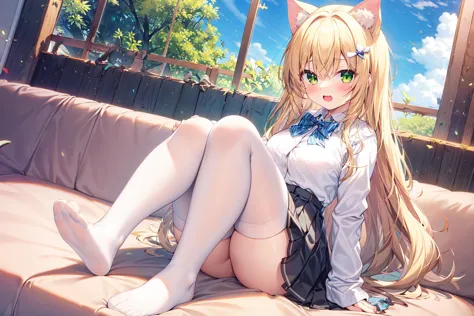 masterpiece, best quality, full body,green eyes,blonde hair, one cute girl, kawaii, adorable, cat ears,white shirt, bowtie, pleated skirt, white thighhighs, big clear eyes, pink cheeks,conservatory, day, blue sky