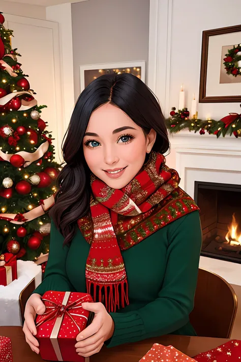 Une femme aux yeux pétillants et au sourire chaleureux est assise entourée de décorations de Noël, ouvrant un cadeau avec impatience. à l&#39;intérieur, elle trouve une écharpe soigneusement confectionnée, ses motifs complexes et ses couleurs vibrantes reflétant son esprit artistique. Un sentiment de fierté et de gratitude remplit son cœur lorsqu&#39;elle réalise que ce cadeau est le reflet de sa propre créativité.