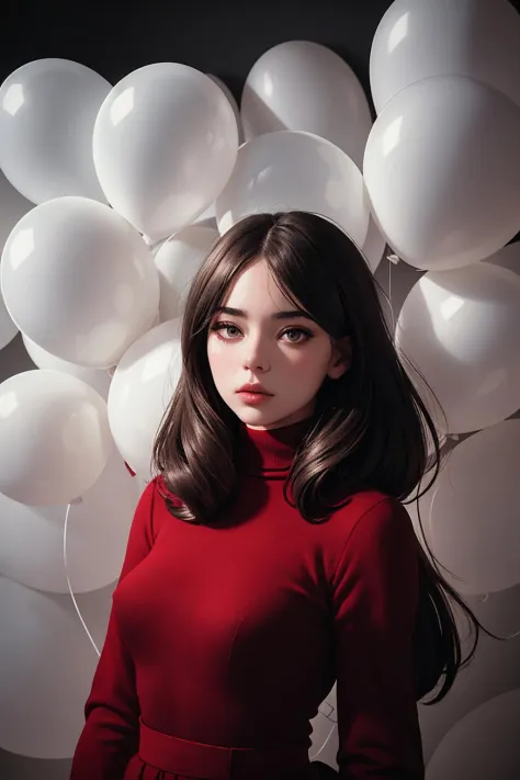 a cinematic fashion portrait photo of beautiful young woman from the 60s wearing a red turtleneck standing in the middle of a ton of white balloons, dramatic lighting, taken on a hasselblad medium format camera