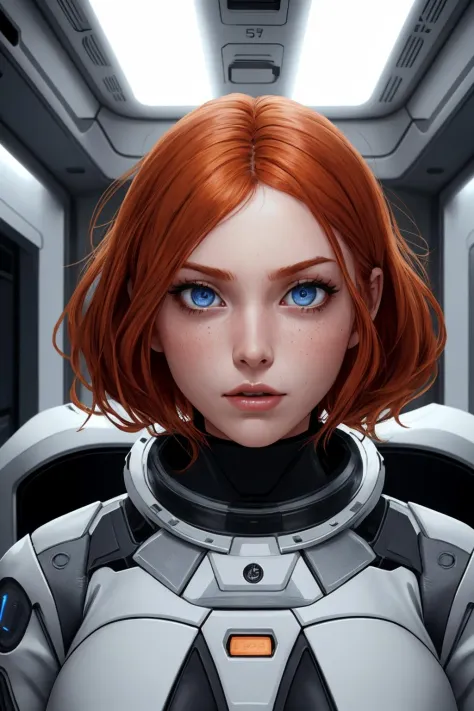 foto de uma mulher ruiva, no espaço, traje espacial futurista, (sardas:0.8) rosto fofo, sci-fi, distópico, olhos detalhados, olhos azuis