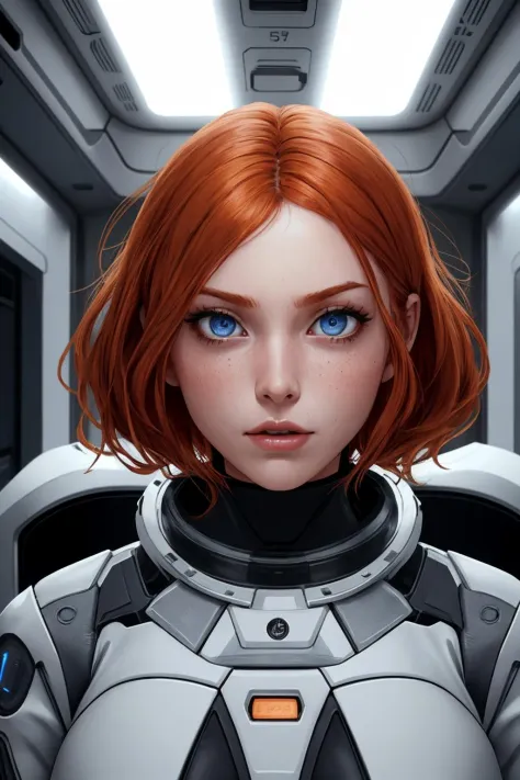 photo d&#39;une femme rousse, Dans l&#39;espace, combinaison spatiale futuriste, (taches de rousseur:0.8) visage mignon, science-fiction, dystopique, yeux détaillés, yeux bleus