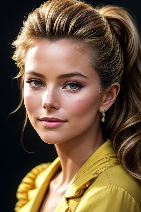 a close up of a woman with a ponytail and a yellow shirt