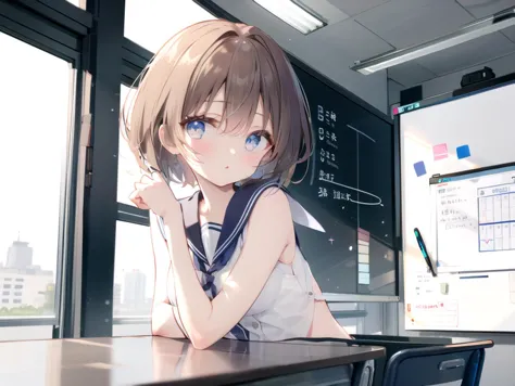 (masterpiece,best quality), 1girl,sailor, short hair, classroom, whiteboard, window <lora:gomiz:0.5>  <lora:sd-No.414sailor_serafuku:0.4>