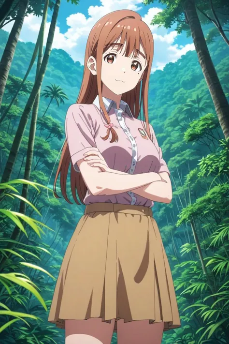 a woman in a short skirt standing in front of a forest