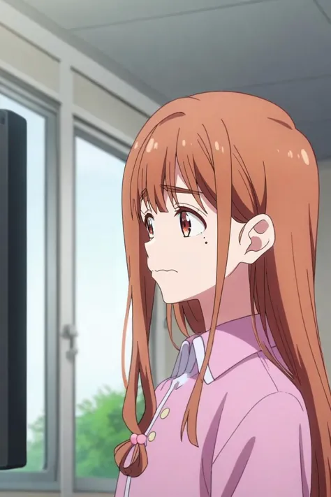 anime girl with long brown hair and pink shirt looking at a television