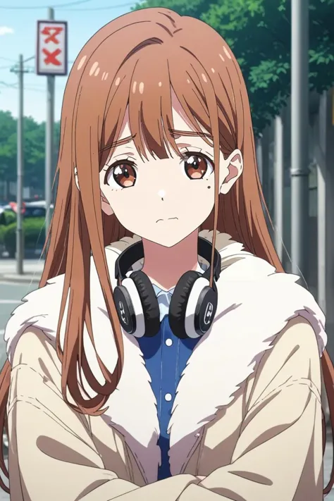 anime girl with headphones on standing on the street