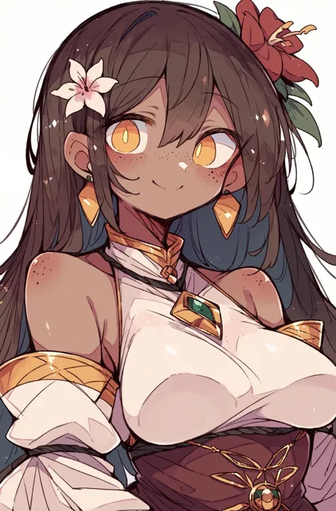 score_9,score_8_up,score_7_up,score_6_up,score_5_up,score_4_up source_safe, 1girl,solo,long hair,breasts,looking at viewer,smile,bangs,simple background,brown hair,hair ornament,white background,bare shoulders,jewelry,closed mouth,yellow eyes,upper body,flower,earrings,detached sleeves,artist name,dark skin,dark-skinned female,freckles <lora:massakasama_pony_v1:0.8>,