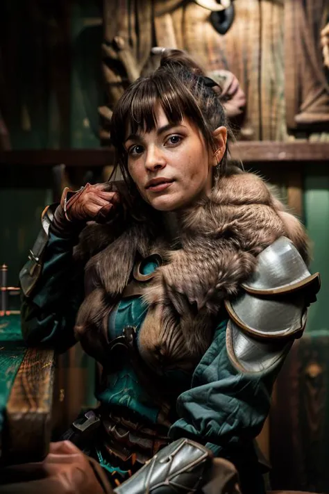 a Realistic portrait of a evandra woman with brown eyes , looking at the viewer,  sitting at a table in a pub holding a wooden mug, detailed face, detailed eyes, modelshoot style, wearing armor and a fur collar, soft lighting, professional Photography, Photorealistic, detailed, RAW, analog, sharp focus, 8k, HD, DSLR, high quality, Fujifilm XT3, film grain, award winning, masterpiece
 <lora:evandra v1.1:1>